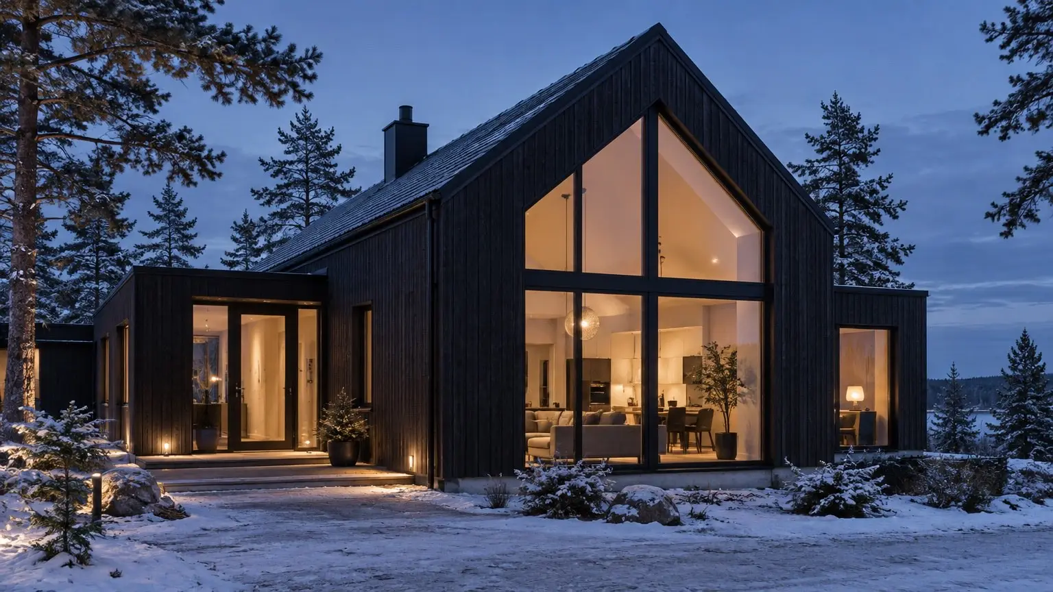 A Scandinavian house at dusk with large windows